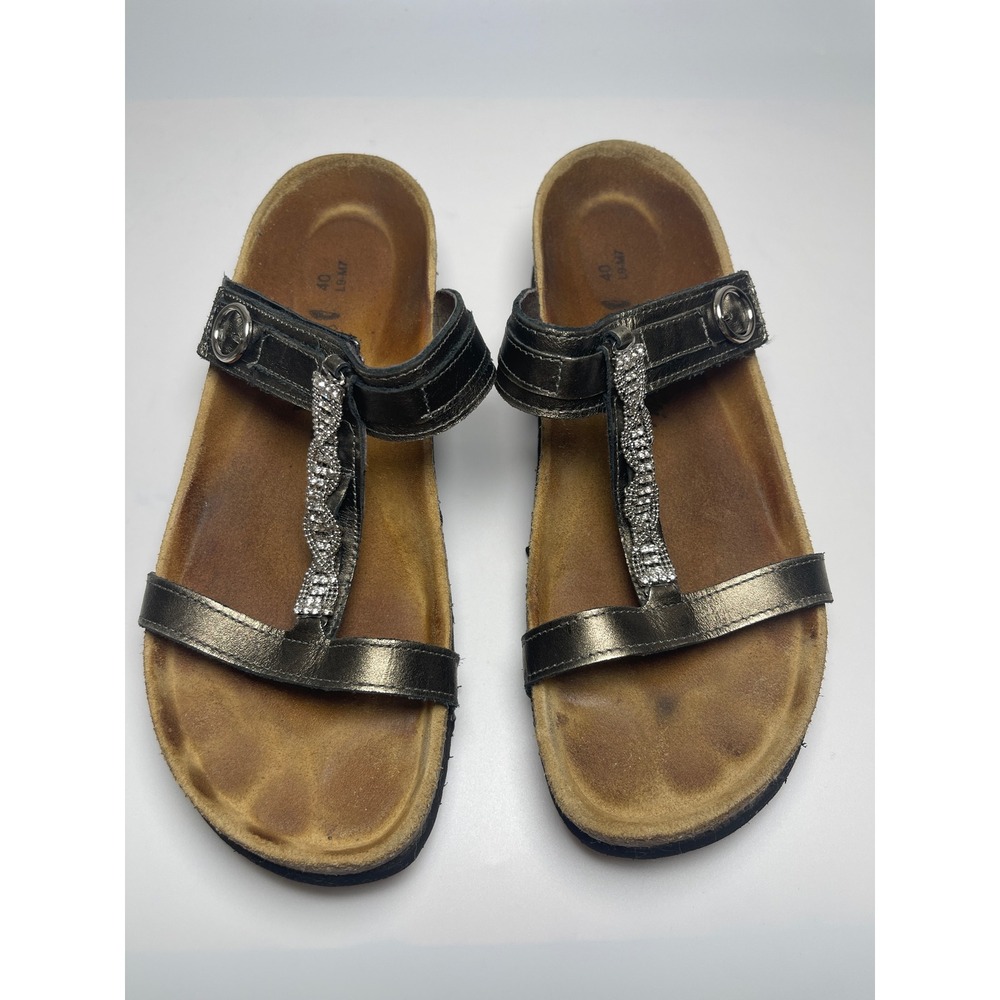 Naot Malibu Metallic Pewter Leather Rhinestone T-Strap Sandals Womens 40 / US 9